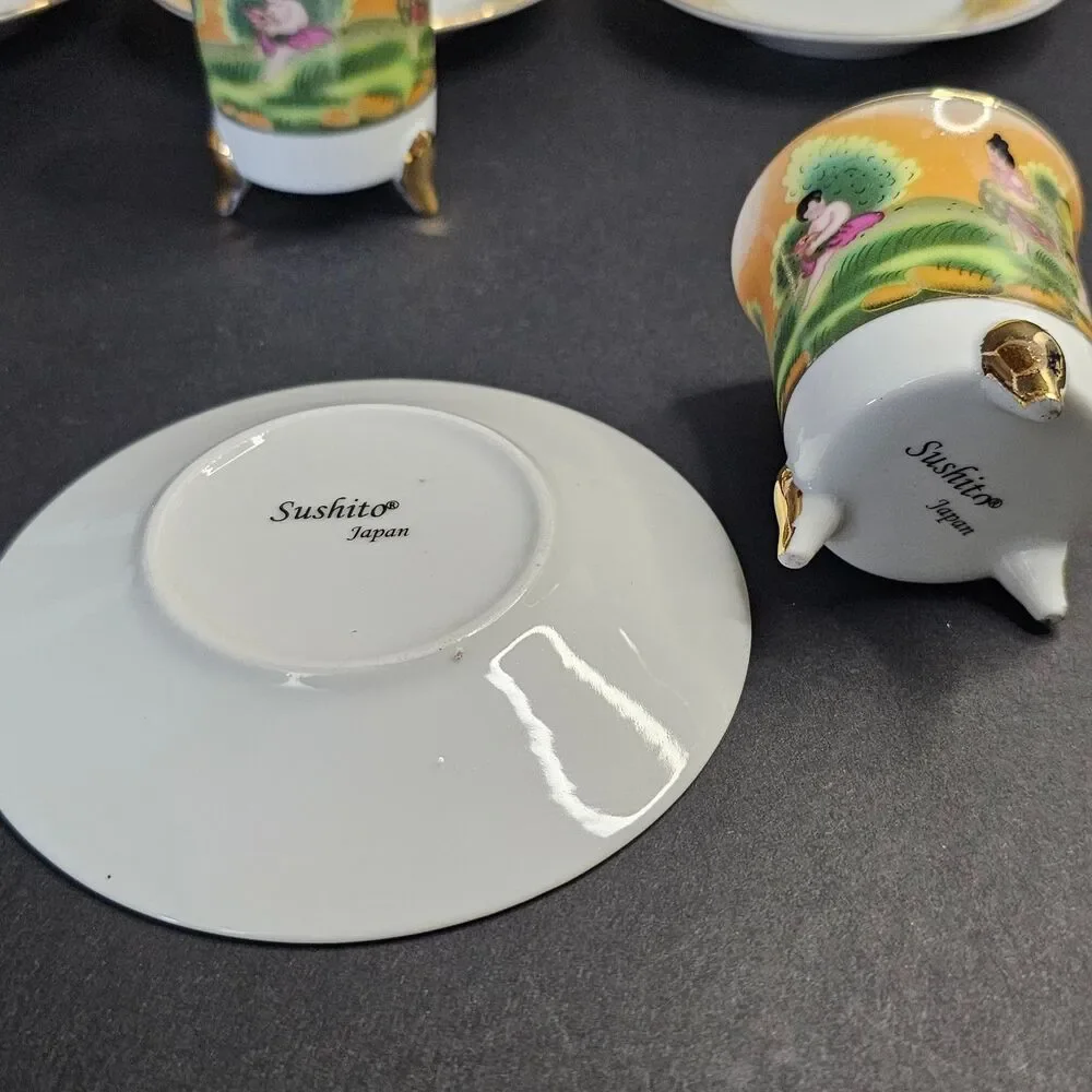 Japanese Teacups and Saucers, Set of 4 Gold Accents Demitasse Coffee Cups